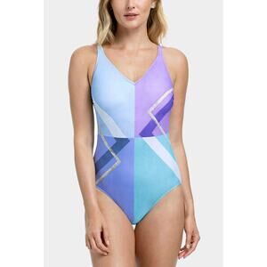 Gottex Modern Art V Neck Swimsuit Multi Blue One Piece New Size 6